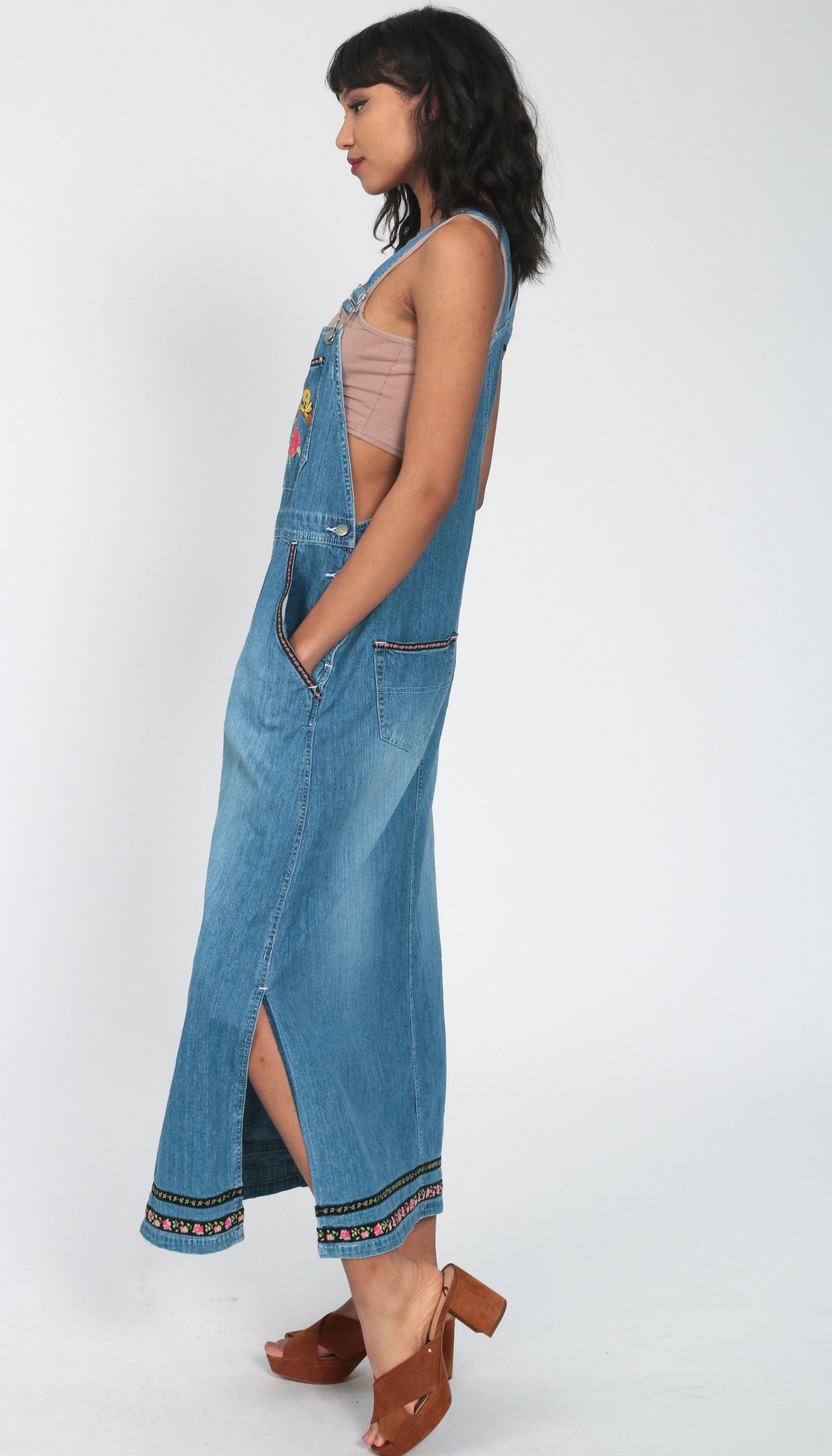 Denim Overall Dress TWEETY BIRD Denim Jumper Dress 90s Maxi Jean Bib Dress 1990s Bib Looney 
