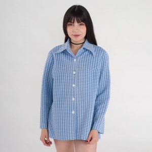 70s Western Shirt Blue Checkered Button up Blouse Long Sleeve Collared Top Rodeo Cowgirl Seventies Westernwear Vintage 1970s Medium Large