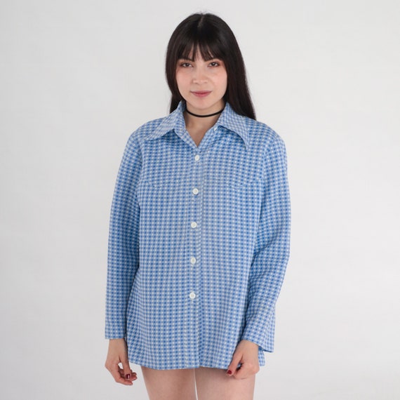70s Western Shirt Blue Checkered Button up Blouse Long Sleeve Collared Top Rodeo Cowgirl Seventies Westernwear Vintage 1970s Medium Large