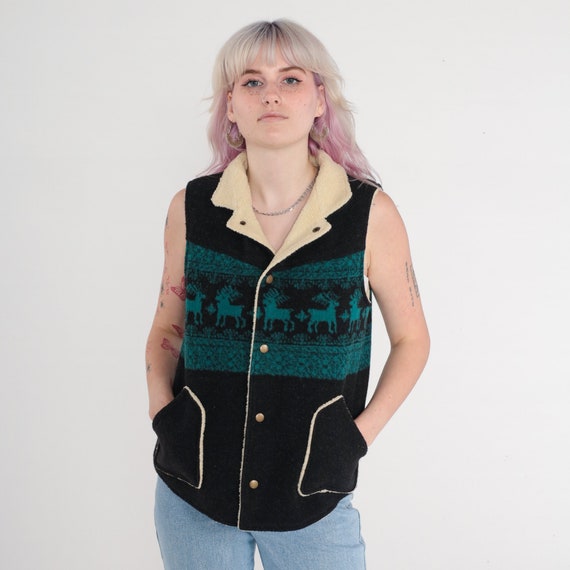 Shearling Reindeer Vest 00s Faux Sherpa Animal Vest Wildlife Black Winter Vest Snap Button Up Vintage Y2K Christmas Holiday Turquoise Medium