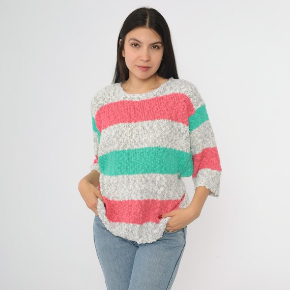 80s Striped Sweater Pink Green Gray Textured Knit Crew Neck Short Sleeve Pullover Loose Fit Women’s Medium M
