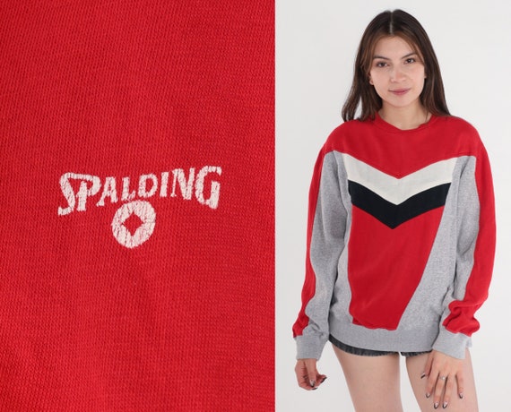 80s Spalding Sweatshirt Chevron Striped Crewneck Sweater Athletic Color Block Tennis Sports Shirt Grey Red White Black Vintage 1980s Small S