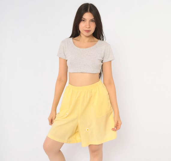 80s Yellow Daisy Shorts Embroidered Floral Elastic Waist Cotton Wide Leg High Rise Side Pocket Butter Pastel Flowy Summer Vintage Large L