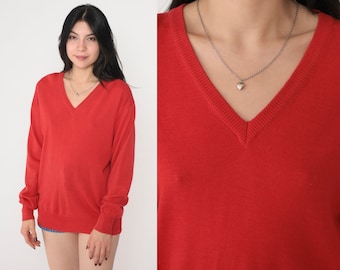 Red Wool Sweater 70s V Neck Pullover Knit Sweater Basic Retro Jumper Simple Minimalist Knitwear Plain V-Neck Vintage 1970s Chiemar Medium M