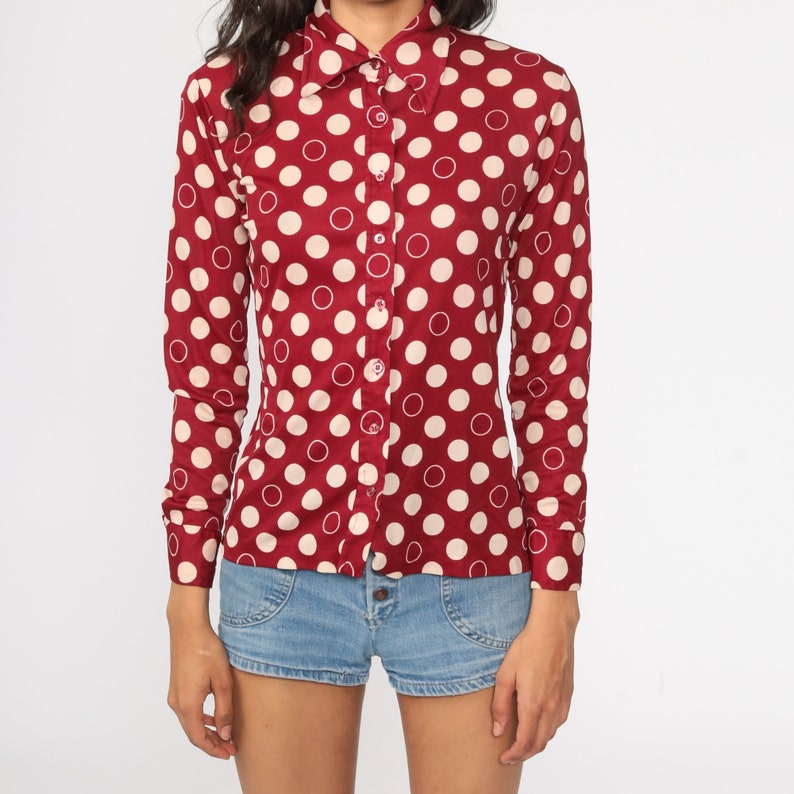 Polka Dot Shirt 70s Dagger Collar Top Button Up Shirt Dark Red Blouse Boho Disco 1970s Collared Nerd Geek Vintage Long Sleeve Small