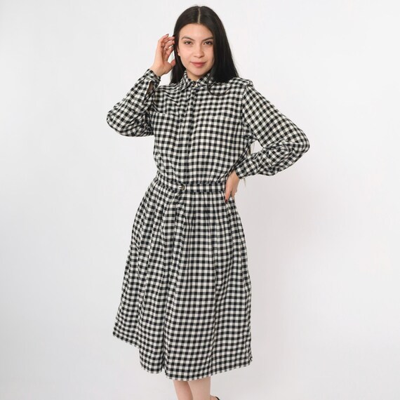 Vintage Gingham Shirt Dress 80s Black White Check Button Down Midi Long Sleeve Cotton 1980s Cottagecore Preppy Pockets Small S