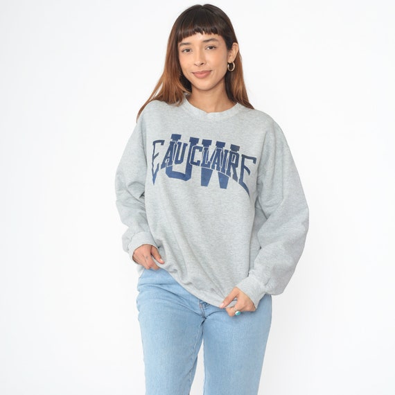 Vintage UW Eau Claire Sweatshirt University of Wisconsin Sweatshirt 90s College Sports Shirt Jumper 1990s Sportswear Grey Hanes Medium Large