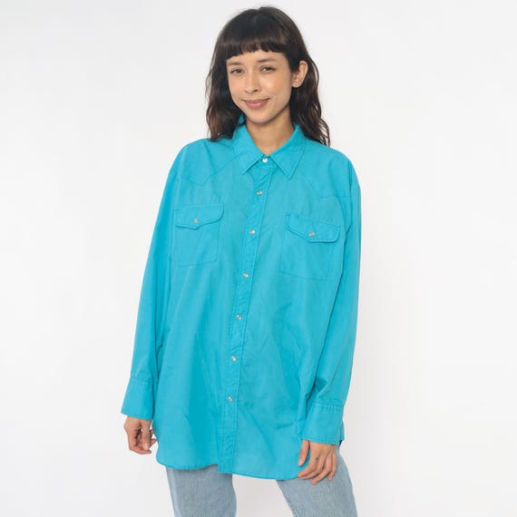 80s Turquoise Western Shirt Aqua Blue Button Front Long Sleeve Collared Chest Pockets Cowgirl Vintage Sheplers Workwear Americana Large L
