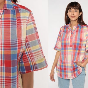 80s Plaid Blouse Half Button up Shirt Short Sleeve Preppy Top Retro Secretary Red Blue White Yellow Checkered Print Vintage 1980s Large L
