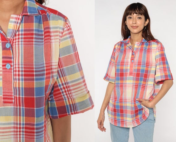 80s Plaid Blouse Half Button up Shirt Short Sleeve Preppy Top Retro Secretary Red Blue White Yellow Checkered Print Vintage 1980s Large L