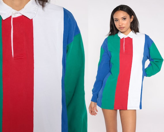 Striped Polo Shirt Red White Blue Green Long Sleeve Rugby Shirt 80s Quarter Button Up Collared 1980s 1990s Hipster Retro Vintage Medium M