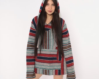 90s Baja Hoodie Red Navy Striped Drug Rug Mexican Pullover Long Sleeve Boxy Woven Surf Stoner Grunge Skater Unisex Vintage Extra Large XL