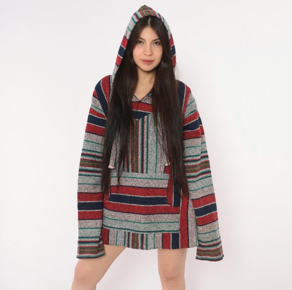 90s Baja Hoodie Red Navy Striped Drug Rug Mexican Pullover Long Sleeve Boxy Woven Surf Stoner Grunge Skater Unisex Vintage Extra Large XL
