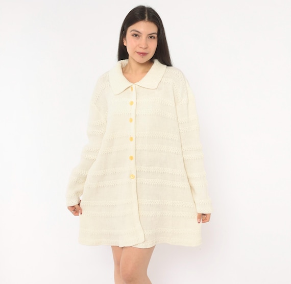 70s Cream Knit Cardigan Button Front Collar Long Sleeve Cozy Grandpa Sweater Coat Off White Winter Fall Autumn Vintage Womens Extra Large XL