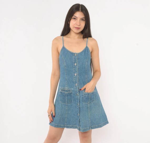 90s Denim Mini Dress Dockers Button Front Spaghetti Sundress Blue Jean A Line Scoop Neck Cotton Sleeveless Cami Chambray Vintage Small