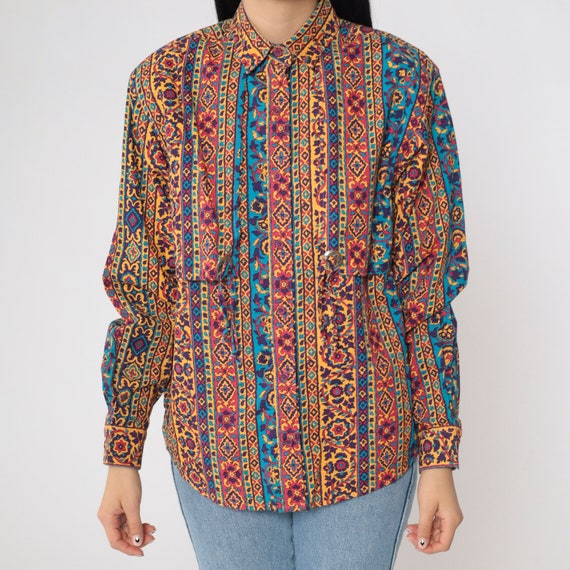Floral Western Shirt 90s Frontier Series Concho 1990s Southwestern Striped Button Up Shirt Rodeo Long Sleeve Cowgirl Shirt Vintage Medium