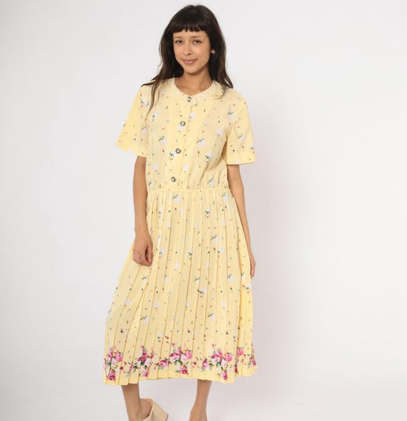 Lace Collar Floral Dress 80s Butter Yellow Pleated Skirt Short Sleeve Prairie Rose Print Cream Feminine Cottagecore Summer Vintage Large L