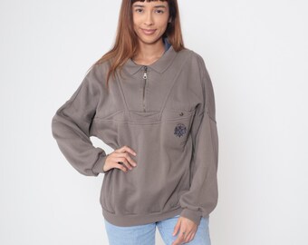 Half Zip Sweatshirt 90s Taupe Pullover Vintage Embroidered Flag Logo Grunge 1990s Streetwear Distressed Athletic Fall Wardrobe Large L 14