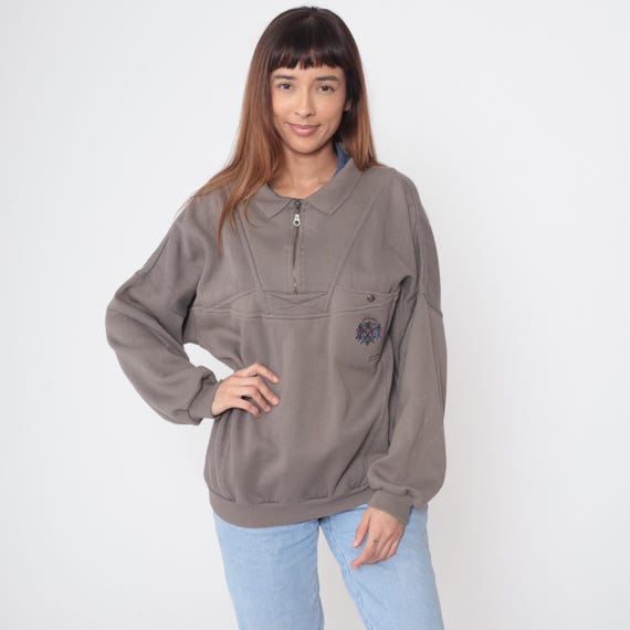 Half Zip Sweatshirt 90s Taupe Pullover Vintage Embroidered Flag Logo Grunge 1990s Streetwear Distressed Athletic Fall Wardrobe Large L 14