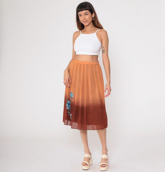 70s Brown Ombre Knee Length Skirt Blue Floral Print Pleated A Line Gradient High Waist Vintage Fall Autumn Prairie Cottagecore Boho Small S