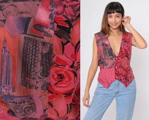 90s Silk Vest Patchwork Floral Polka Dot Vest Pin… - image 1