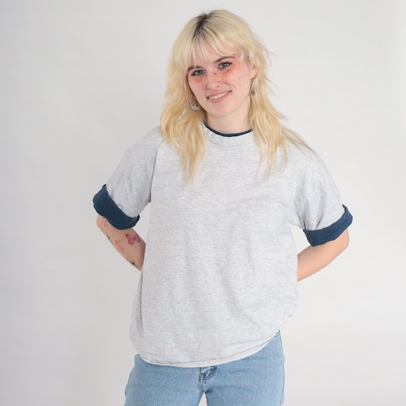 Heather Grey T-Shirt 90s Blue Cuffed Tee Retro Basic Plain Simple Short Sleeve TShirt Casual T Shirt Minimalist Vintage 1990s Cotton Medium