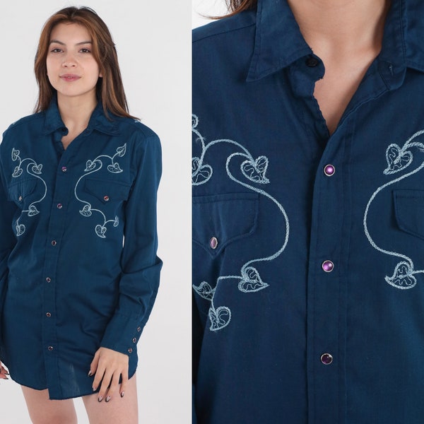 Embroidered Western Shirt 80s Pearl Snap Shirt Navy Blue Leaf Vine Print Cowboy Button Up Rodeo Long Sleeve Cowgirl Top Vintage 1980s Medium