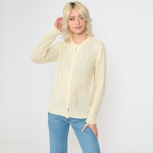 Pale Yellow Cardigan 80s Pointelle Knit Pearl Button up Sweater Open Weave Sheer Sweater Retro Grandma Openwork Vintage 1980s Small S image 5