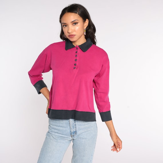 Bright Pink Shirt -- Vintage 80s Button Up Shirt Retro Top 1980s Slouch 3/4 Sleeve Tee Plain Polo Shirt Small S