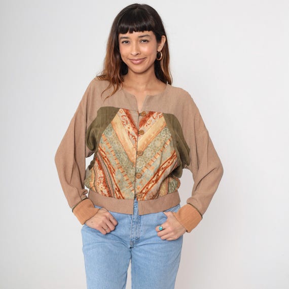 Boho Paisley Cardigan 90s Vintage Earth Tones Sage Green Rust Bohemian Cropped Bomber Button Front Natural Fibers Hippie Style Small S