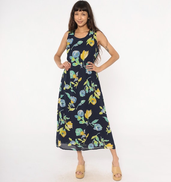 90s Floral Maxi Dress Blue Yellow Green Flowers Scoop Neck Cottagecore Fairycore Vintage Long Flowing Summer Spring Garden Party Large L