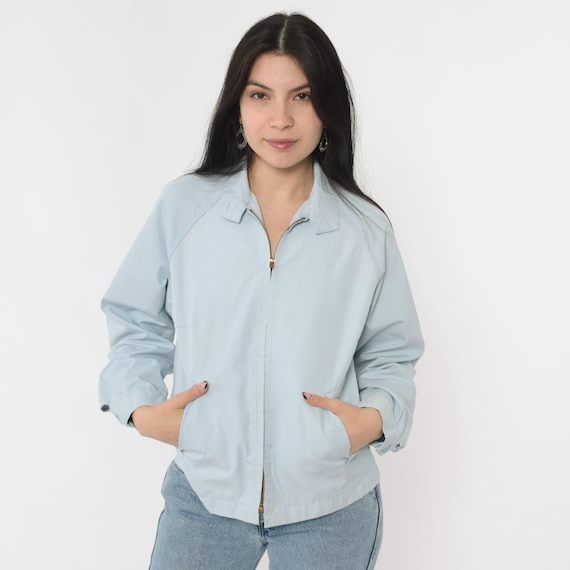 Vintage Light Blue Windbreaker Jacket 70s Zip Front Lightweight Japan Made Raglan Sleeve Elastic Hem 1970s Minimalist Preppy Retro Medium M