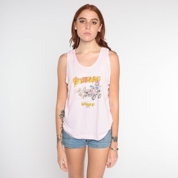 Thanksgiving Shirt 80s Turkey Hunt Tank Top Retro Sleeveless Graphic Tee Funny ATV Hunter Hunting Buttercup Baby Pink Vintage 1980s Medium M