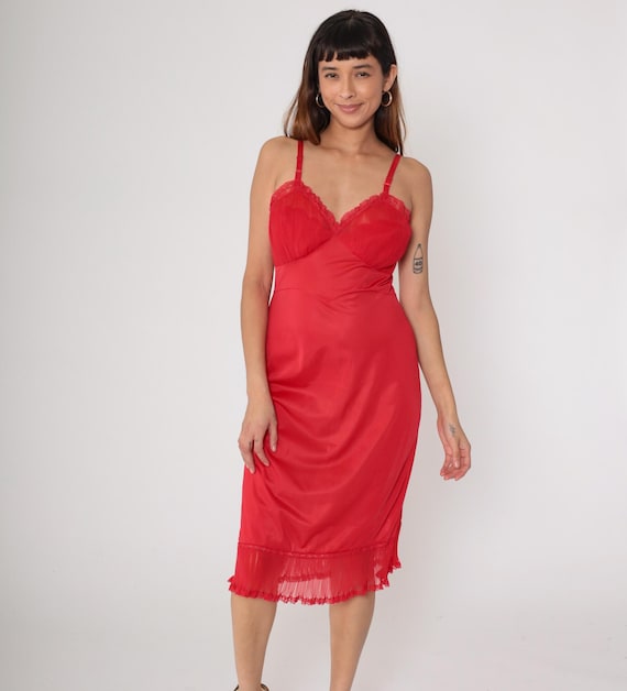 Slip Dress 70s Red Nylon Lace Trim Midi Vintage Shadowline Ruffle Hem Spaghetti Strap Date Night Evening Club Disco Formal Valentine Medium
