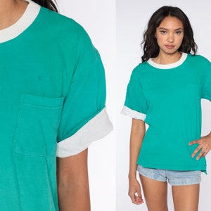 Green Pocket Shirt 80s T Shirt Green Ringer TShirt 90s Cuffed Shirt Vintage Tshirt Top Retro Tee Basic Shirt Short Sleeve Medium image 1