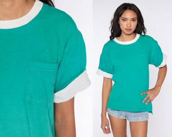 Green Pocket Shirt 80s T Shirt Green Ringer TShirt 90s Cuffed Shirt Vintage Tshirt Top Retro Tee Basic Shirt Short Sleeve Medium