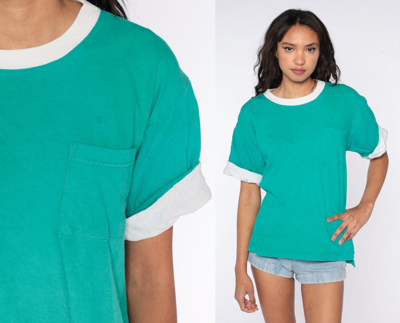 Green Pocket Shirt 80s T Shirt Green Ringer TShirt 90s Cuffed Shirt Vintage Tshirt Top Retro Tee Basic Shirt Short Sleeve Medium image 1