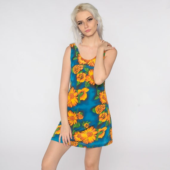 Floral Bodycon Dress Grunge Mini 90s Sheath Sundress Blue Yellow Summer Tight 1990s Body Con Sleeveless MiniDress Small Medium