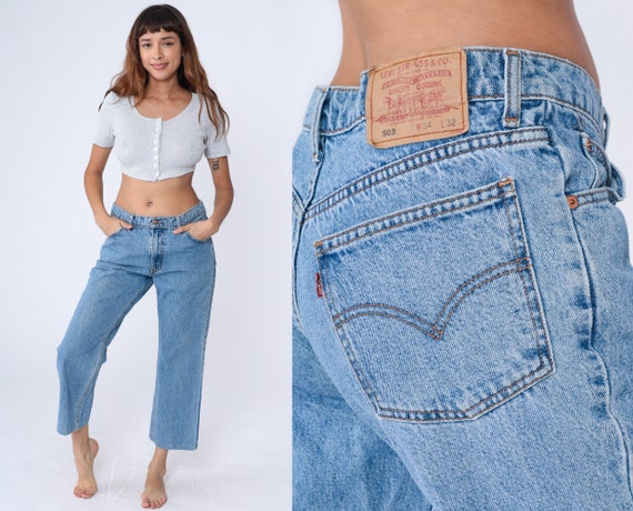 Bootcut Levis Jeans 503 Cropped Jeans Flared Jeans 90s Denim Pants Levi Strauss Blue 1990s Mid Rise Vintage Ankle Men's 34 Short 26