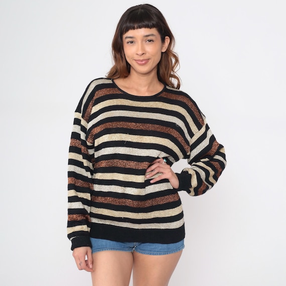 80s Metallic Striped Sweater Black Cream Bronze Copper Horizontal Long Sleeve Crew Neck Wool Blend Pullover Sparkle Shimmery Top Medium M