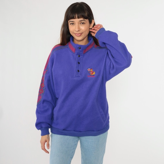 Vintage Whistler Fleece Sweatshirt Purple 90s Nordic Trim Canada Ski Top Snap Neck Warm Winter Jacket M Medium
