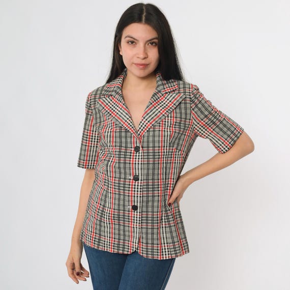 Vintage Plaid Blouse 70s Button Up Shirt Black White Red Checkered Top Preppy Tailored Retro Collared Seventies Check 1970s Medium M