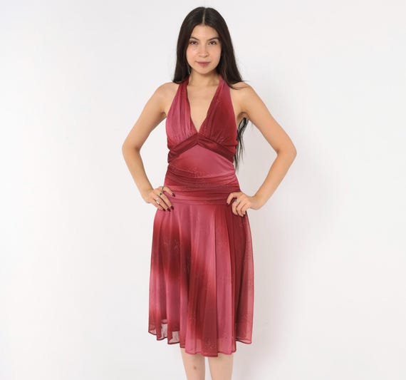 Burgundy Ombre Halter Dress 2000s Deep V Neck Tie Back Backless Floral Glitter Mesh A Line Knee Length Pink Flowy Party Club Vintage Small S