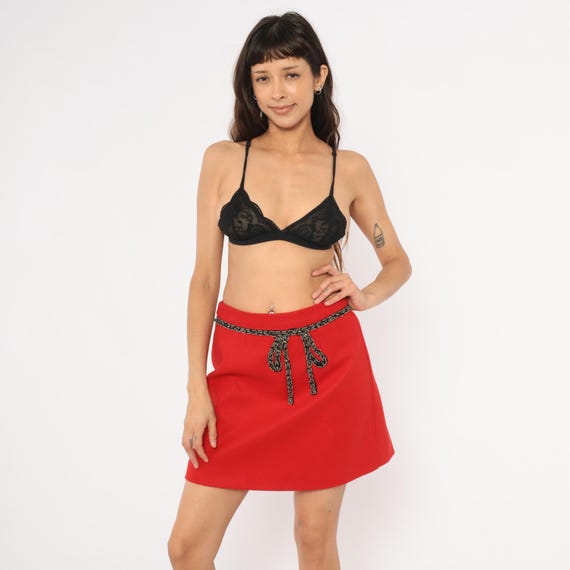 Red Mini Skirt 2000s Beaded Bow Embellished Waist Cherry Crimson Short Scarlet Y2K Party Going Out Club Mod Cocktail Festive Vintage Large L