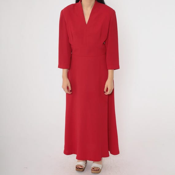 90s Long Red Dress Maxi Dress V Neck Dress Retro Long Sleeve Casual High Waist Full Length Vintage 1990s Small Medium