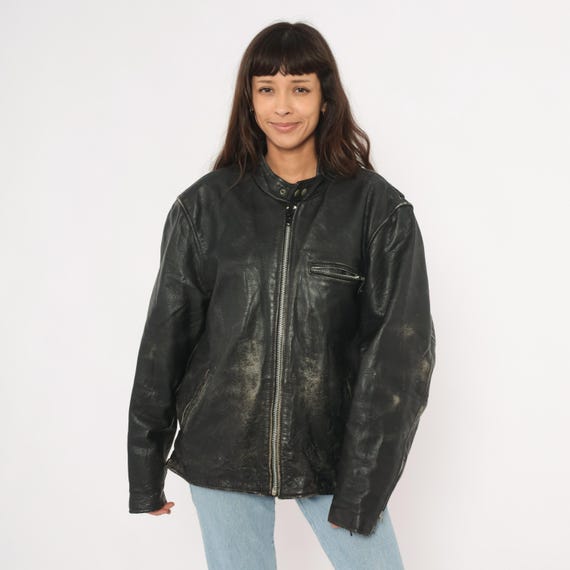 90s Cafe Racer Leather Jacket Black Moto Coat Distressed Worn Biker Style Zippered Pockets Motorcycle Heavy Weight Vintage Extra Large XL