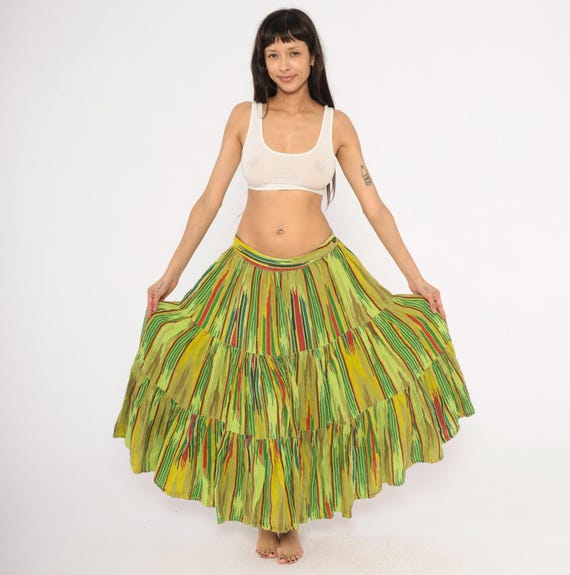 Ikat Tiered Maxi Skirt 2000s Mason's Green Yellow Red Striped Peasant Festival Bohemian Floor Bohemian Woven Prairie Folk Vintage Large L