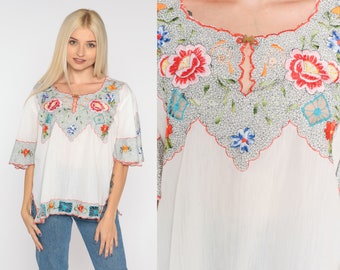 80s Mexican Blouse White Floral Embroidered Top Cutout Shirt Hippie Short Sleeve Bohemian Festival Summer Tent Shirt Vintage 1980s Medium M