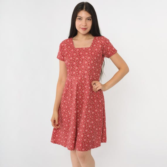Vintage Red Floral Dress 90s Boho Mini Dress High Waisted Flower Print Cottagecore Square Neck Hippie Day Dress Summer 1990s Medium 8
