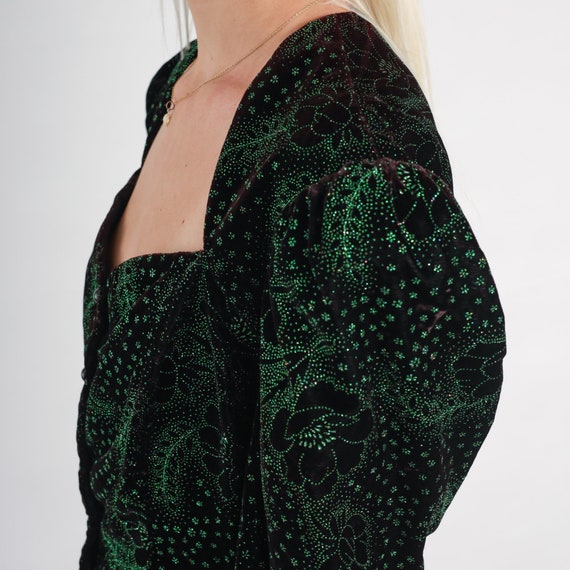 80s Velvet Blouse Sparkly Green Black Floral Shir… - image 6